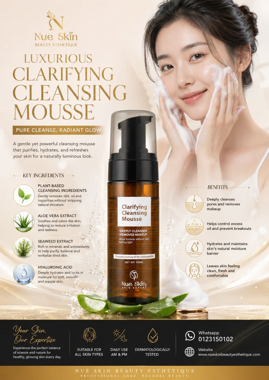 Nue Skin Luxurious Clarifying Cleansing Mousse — gentle plant-based cleansing mousse that deeply cleanses, removes makeup and hydrates with aloe vera, seaweed extract and hyaluronic acid