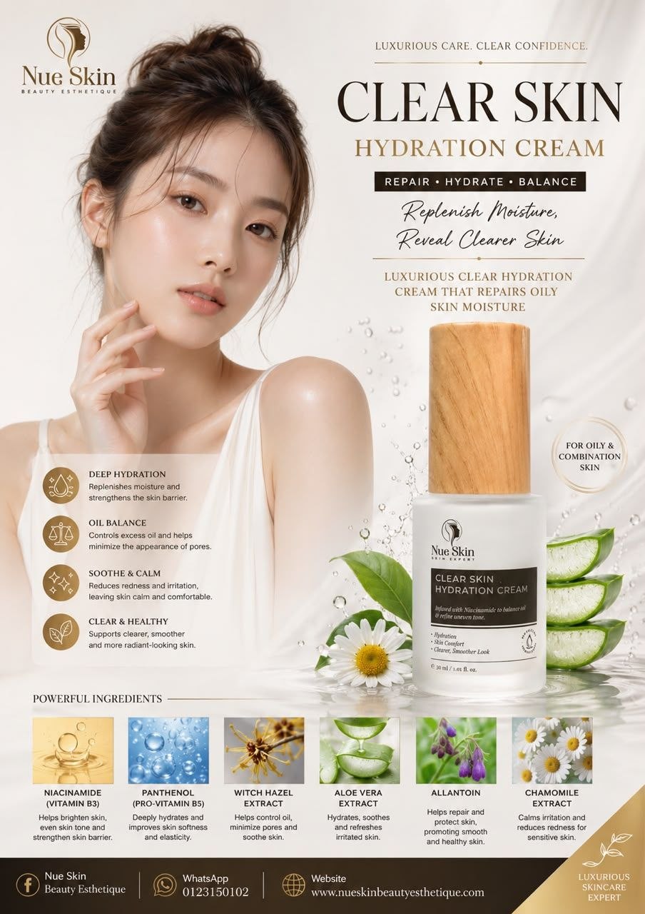 Nue Skin Clear Skin Hydration Cream — luxurious clear hydration cream infused with Niacinamide, Witch Hazel and Aloe Vera to balance oil, minimize pores and hydrate oily and combination skin, 30ml