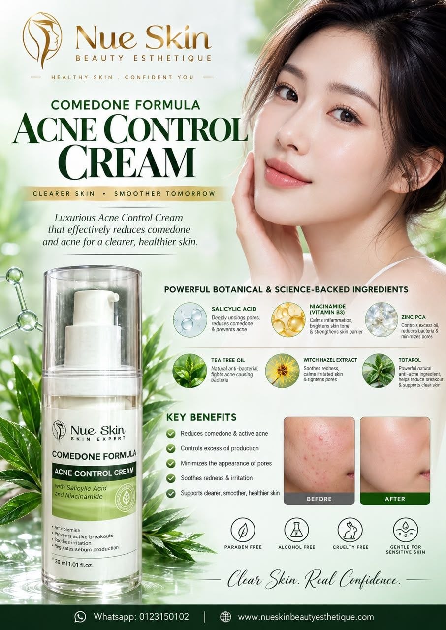 Nue Skin Comedone Formula Acne Control Cream — luxurious acne control cream with Salicylic Acid, Niacinamide, Tea Tree Oil, Zinc PCA and Totarol that reduces comedones and active acne, 30ml