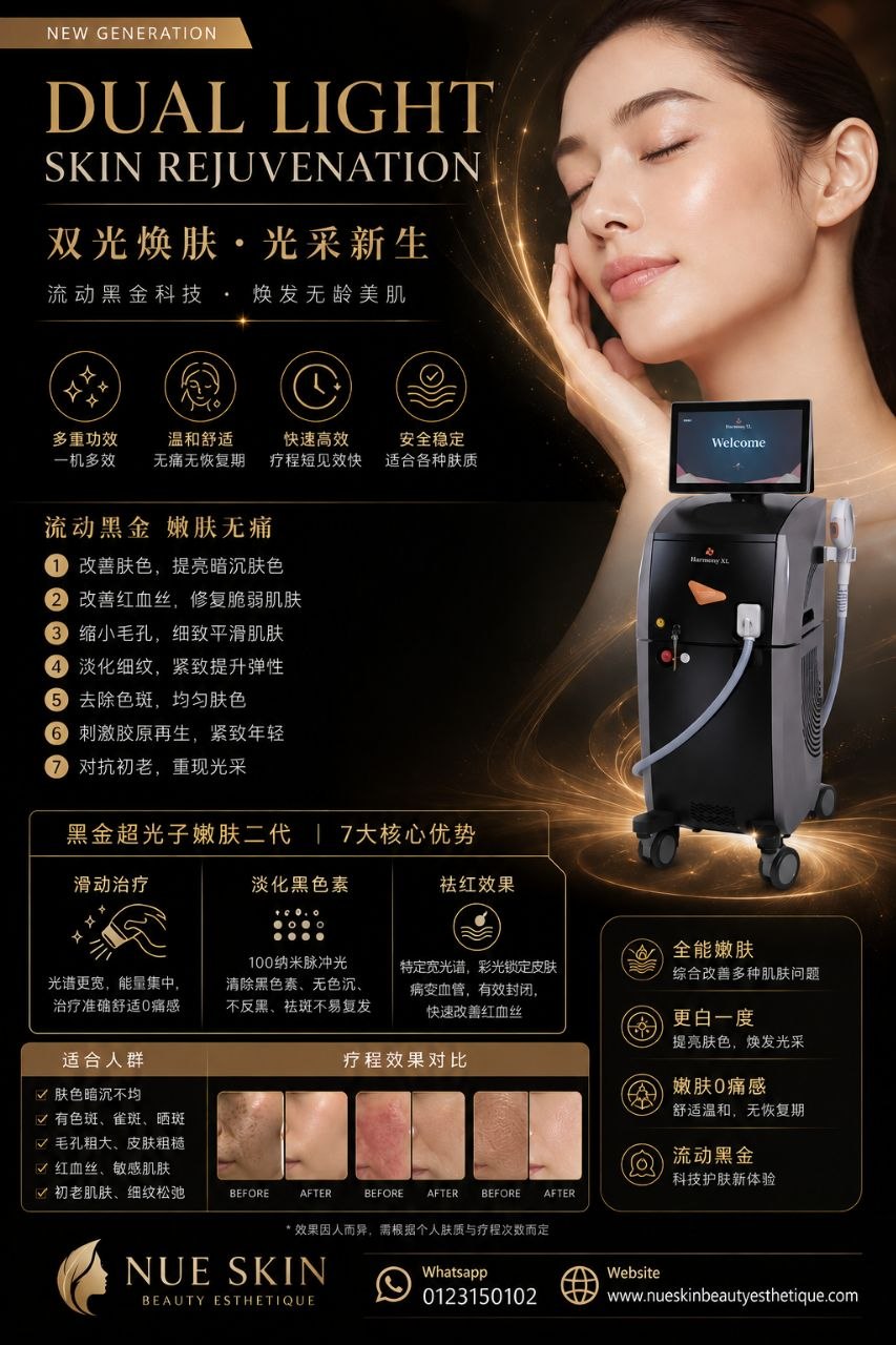 Nue Skin Dual Light Skin Rejuvenation promotional poster — Harmony XL dual-wavelength light therapy that improves skin tone, reduces pores, fades fine lines and removes spots, with before-and-after results / 双光肌肤焕活