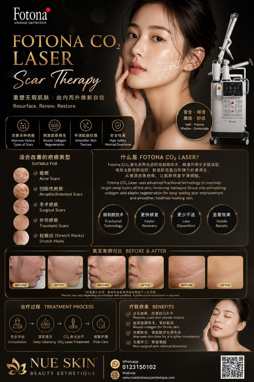 Nue Skin Fotona CO₂ Laser Scar Therapy promotional poster — fractional ablative laser resurfacing for acne, surgical and atrophic scars with collagen regeneration and before-and-after results / Fotona CO₂ 激光疤痕修复