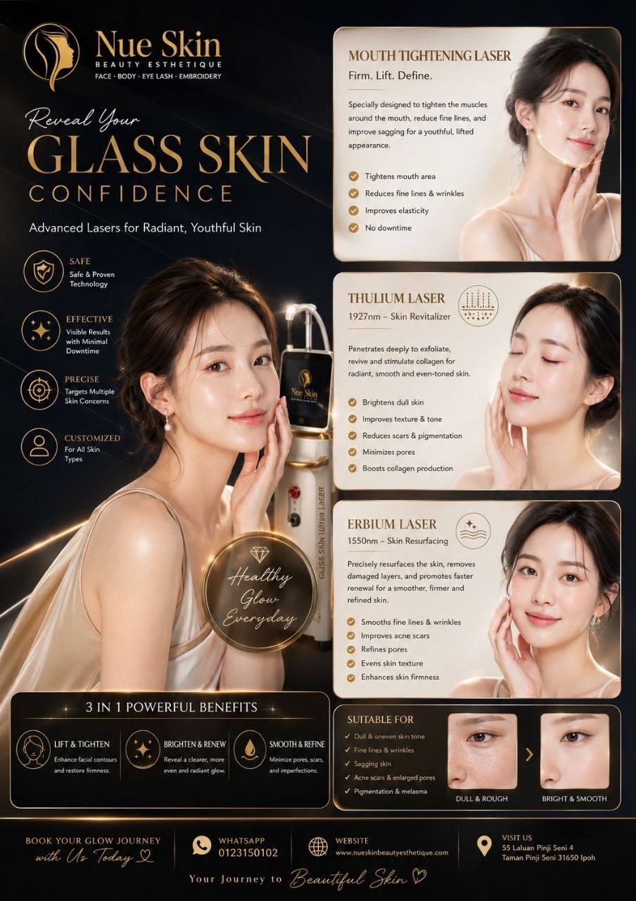 Nue Skin Glass Skin Laser promotional poster — advanced multi-wavelength laser for brightening, pore refinement, texture and collagen stimulation