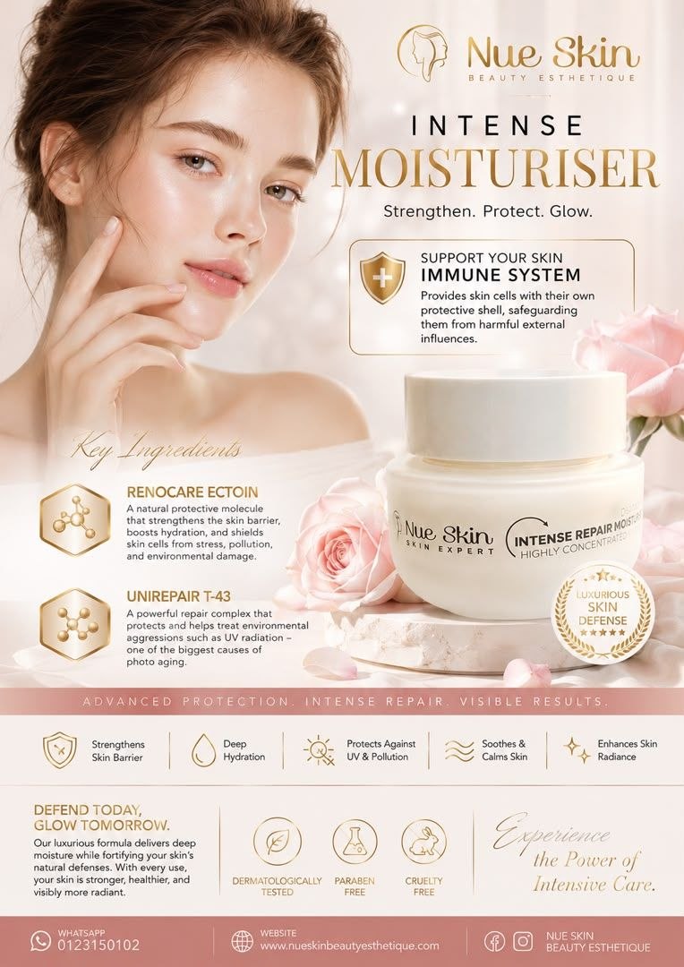Nue Skin Intense Moisturiser — highly concentrated intense repair moisturiser with RENOCARE Ectoin and UNIREPAIR T-43, strengthens the skin barrier and protects against UV and pollution