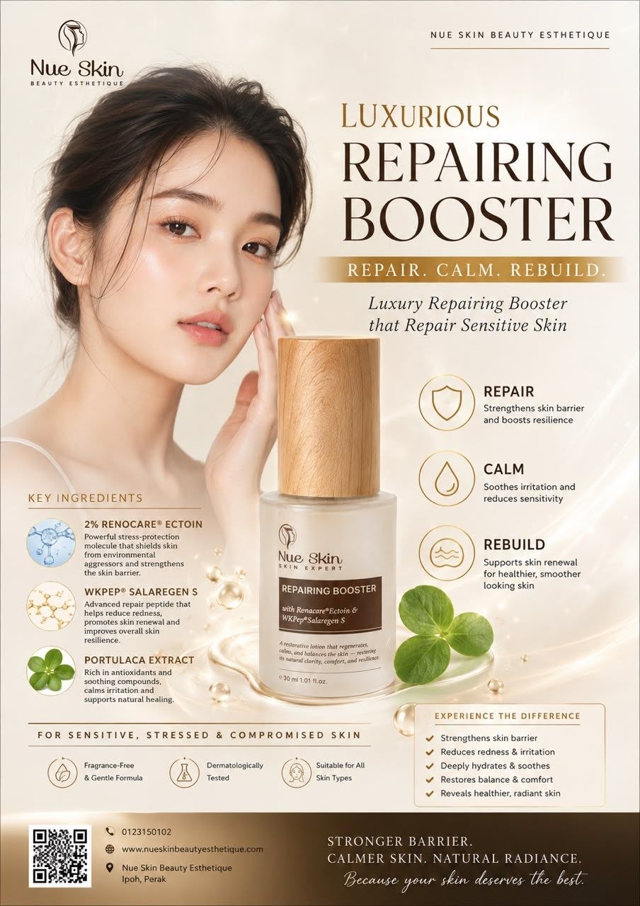 Nue Skin Luxurious Repairing Booster — restorative booster with 2% Renocare Ectoin, WKPep Salaregen S and Portulaca extract that repairs the skin barrier and calms sensitive, stressed and compromised skin, 30ml