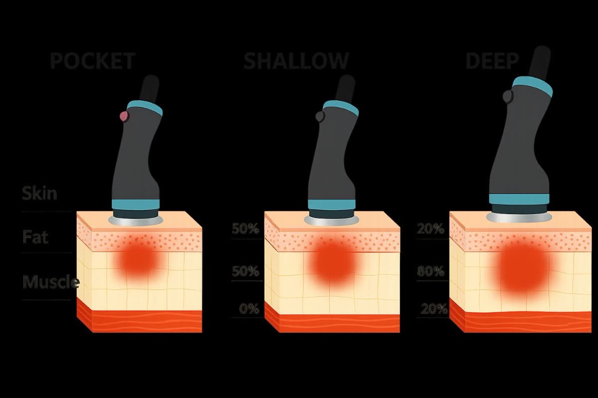 Onda Pro Coolwaves penetration depths — Pocket, Shallow and Deep handpieces targeting the skin, fat and muscle layers at different energy ratios — Nue Skin Beauty Esthetique