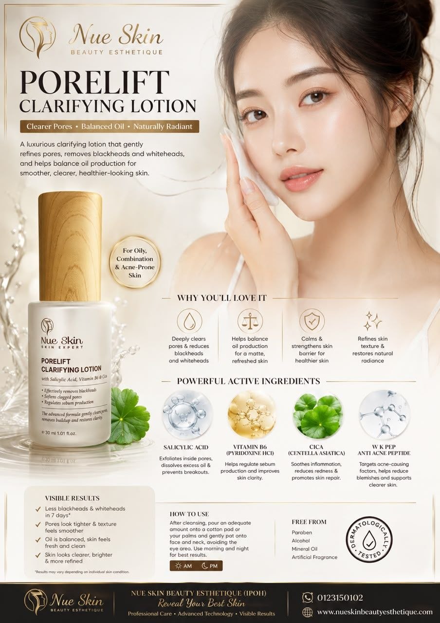 Nue Skin PoreLift Clarifying Lotion — luxurious clarifying lotion with Salicylic Acid, Vitamin B6 and Cica that refines pores, removes blackheads and balances oil for oily, combination and acne-prone skin, 30ml