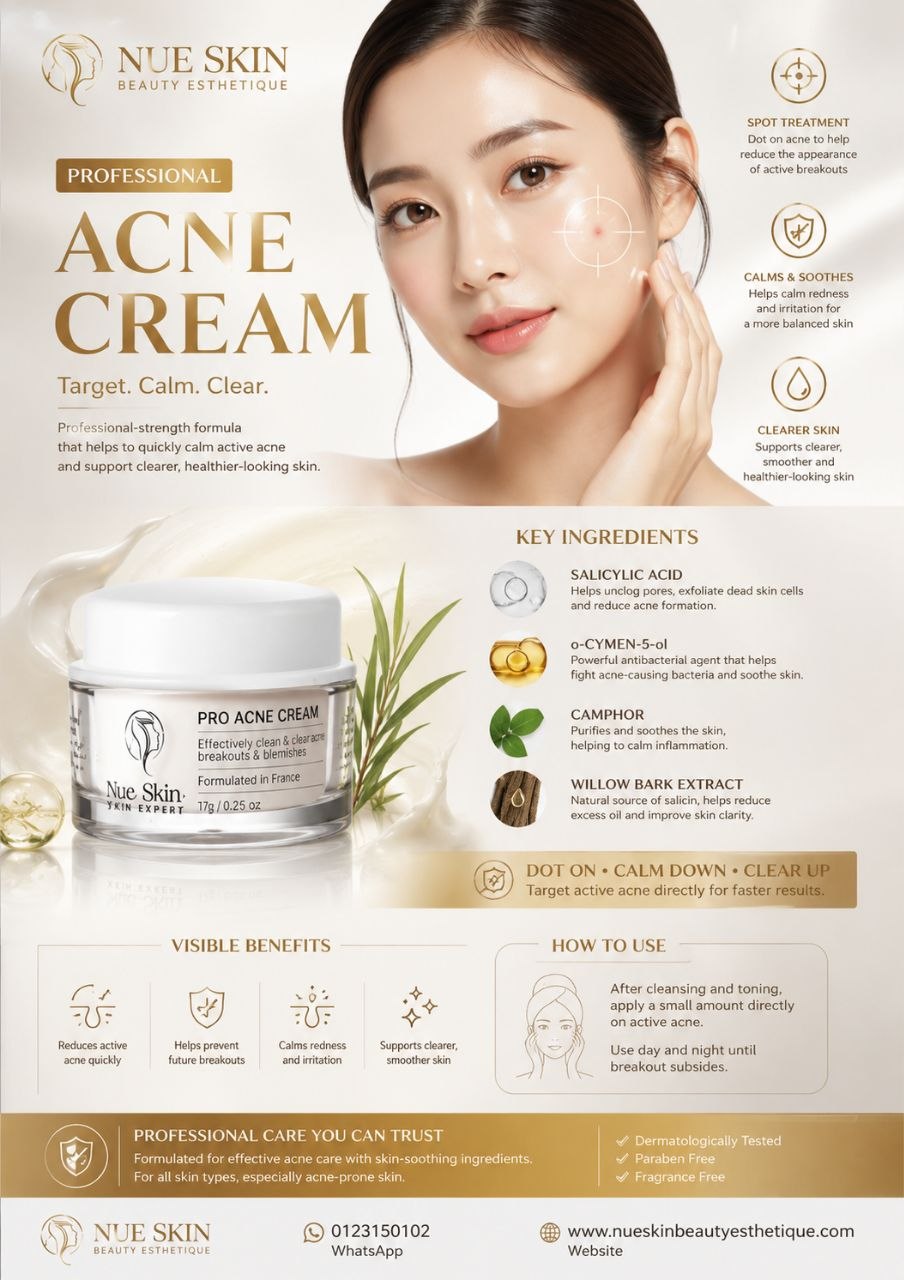Nue Skin Professional Acne Cream — professional-strength formula with Salicylic Acid, o-CYMEN-5-ol, Camphor and Willow Bark to calm active acne, unclog pores and reduce excess oil