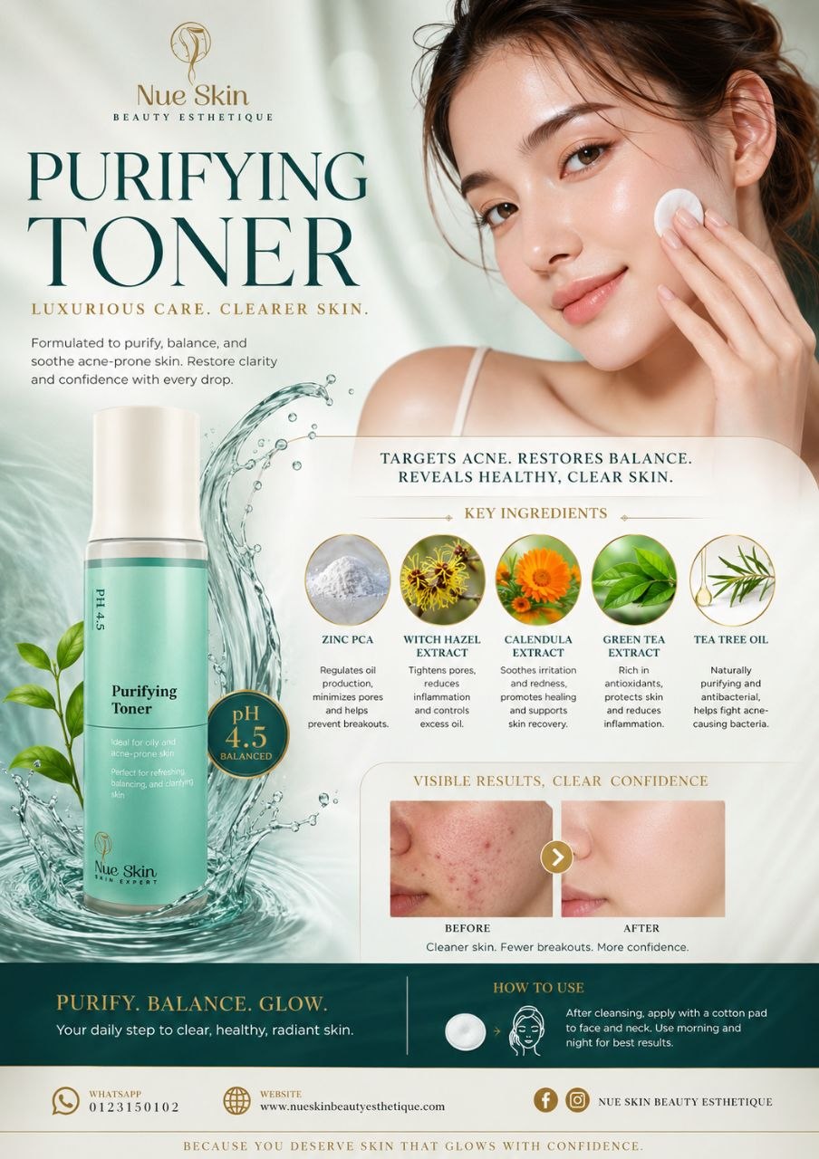 Nue Skin Purifying Toner — pH 4.5 balanced toner for oily and acne-prone skin with Zinc PCA, witch hazel, calendula, green tea and tea tree oil