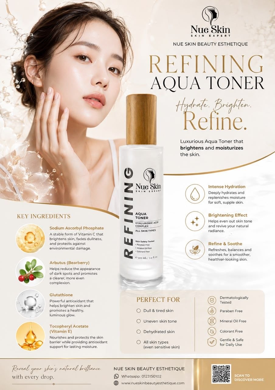 Nue Skin Refining Aqua Toner — hydrating brightening aqua toner with Hyaluronic Acid Complex, Vitamin C, Glutathione and Vitamin E for all skin types, 100ml