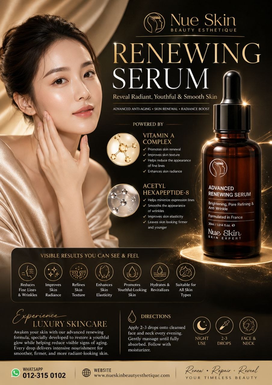 Nue Skin Renewing Serum — advanced anti-ageing serum for skin renewal, pore refining and wrinkle reduction with Vitamin A Complex and Acetyl Hexapeptide-8, formulated in France