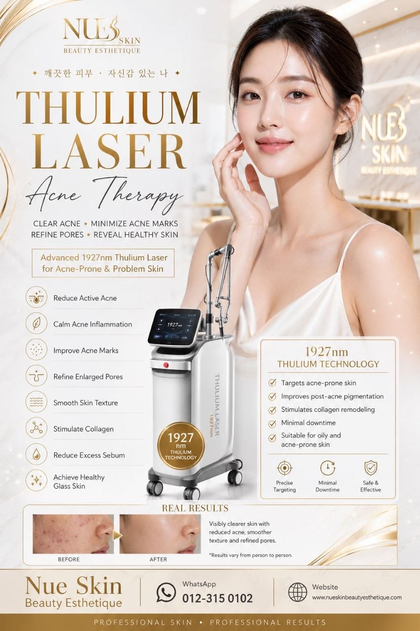 Nue Skin Thulium Laser Acne Therapy promotional poster — 1927nm laser targeting acne, post-inflammatory pigmentation and enlarged pores, with before and after results