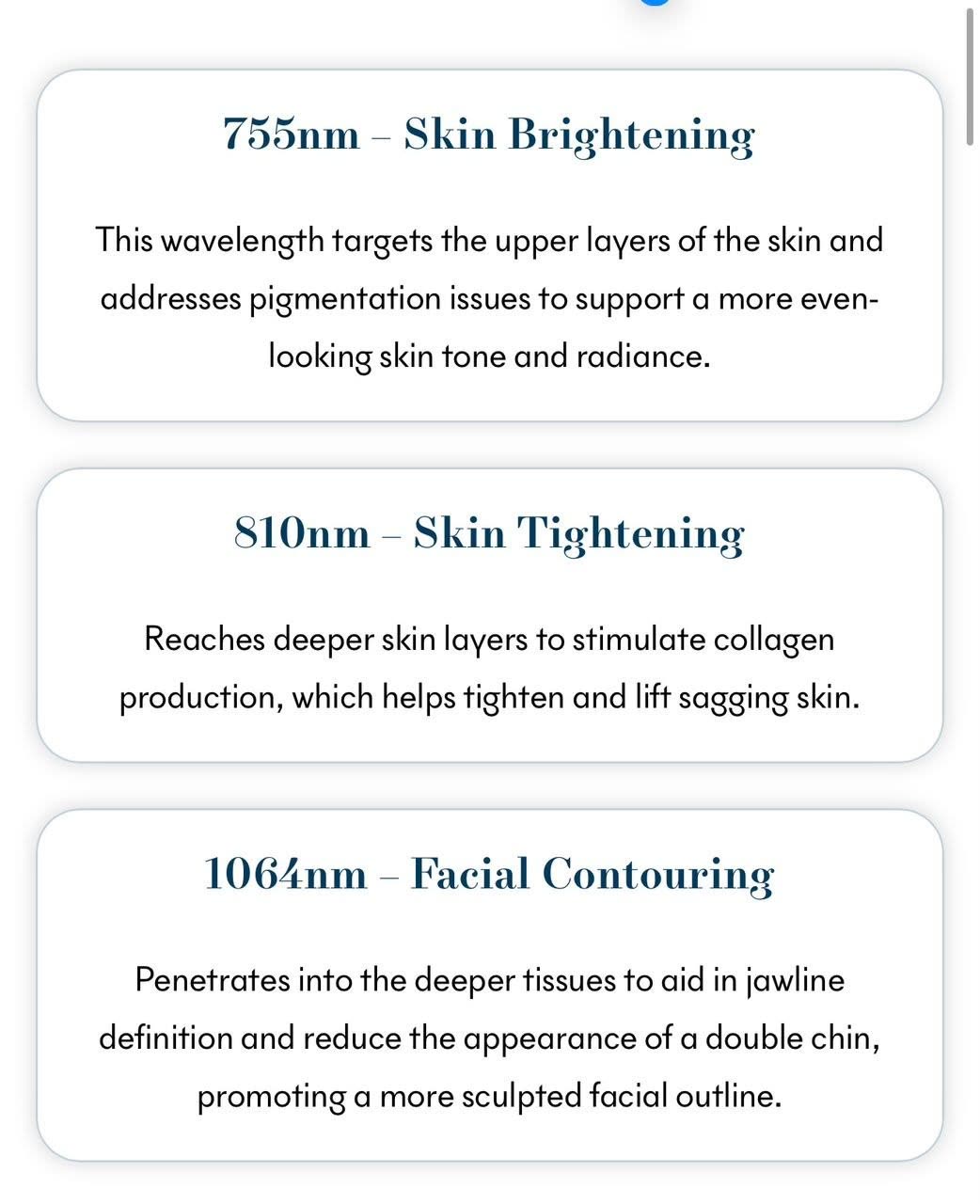 Soprano Titanium three wavelengths — 755nm for skin brightening, 810nm for skin tightening and collagen stimulation, and 1064nm for facial contouring and jawline definition — Nue Skin Beauty Esthetique