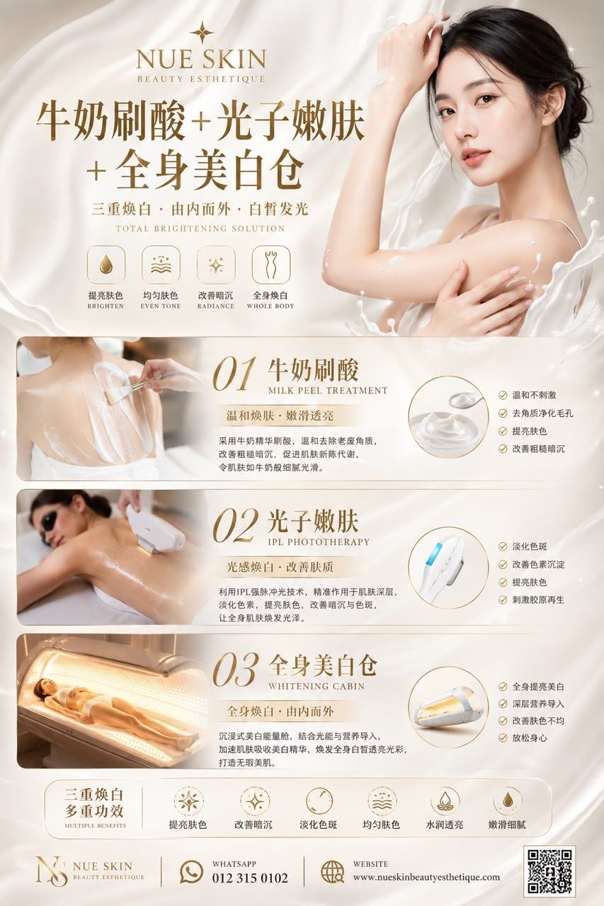 Nue Skin Ultimate Brightening Program promotional poster — total brightening solution combining milk peel, IPL phototherapy and whitening cabin for radiant, even-toned whole-body skin / 三重全身焕白：牛奶刷酸、光子嫩肤、全身美白仓