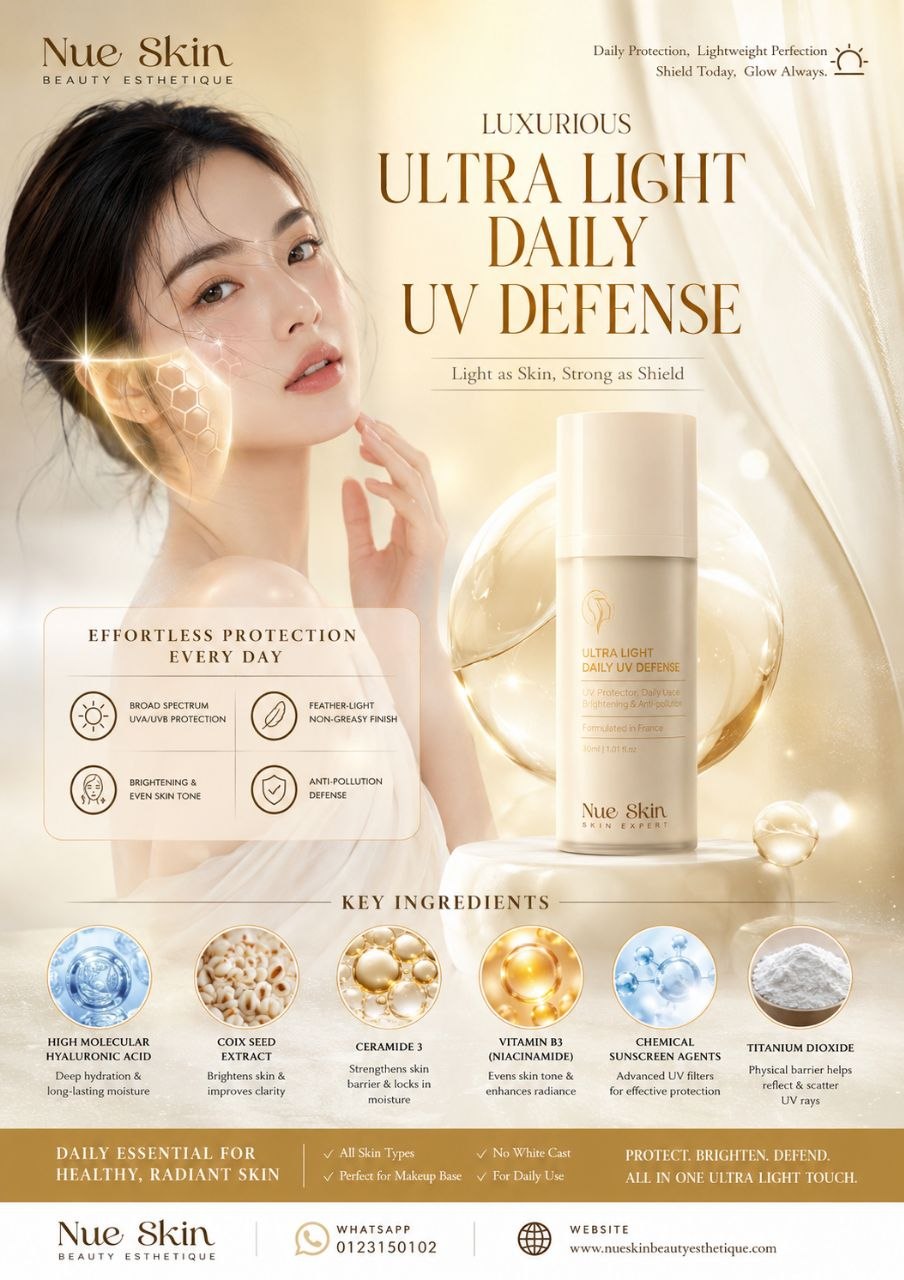 Nue Skin Luxurious Ultra Light Daily UV Defense — feather-light broad-spectrum UVA/UVB sunscreen with brightening and anti-pollution care, no white cast, formulated in France