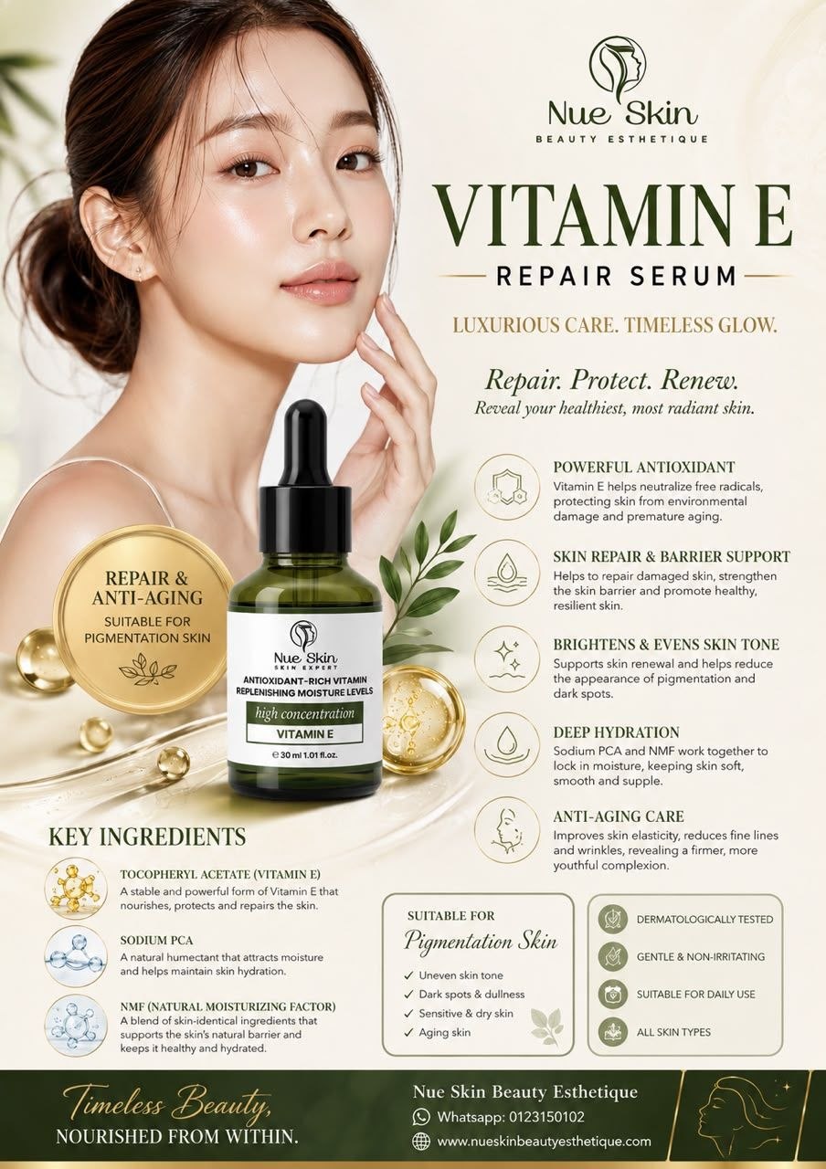 Nue Skin Vitamin E Repair Serum — antioxidant-rich repairing serum with Tocopheryl Acetate (Vitamin E), Sodium PCA and NMF for pigmentation, sensitive and aging skin, 30ml