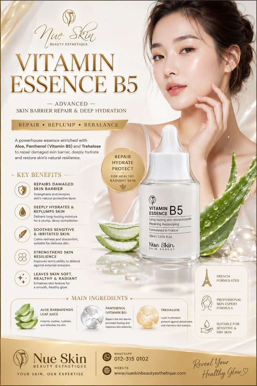 Nue Skin Vitamin Essence B5 Advanced — powerhouse essence with Aloe Barbadensis leaf juice, Panthenol (Vitamin B5) and Trehalose for skin barrier repair and deep hydration on sensitive and dry skin, formulated in France, 30ml